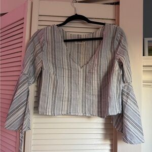 Elegant Striped V-Neck Blouse with Bell Sleeves